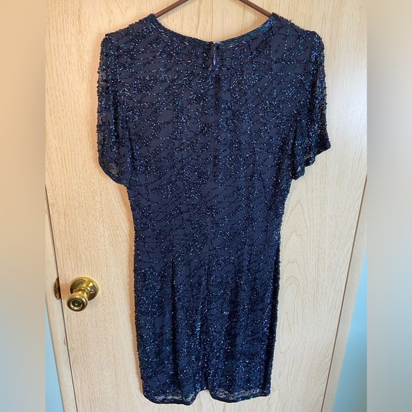 Vintage 90s Oleg Cassini Black Tie Beaded Silk Midnight Blue Cocktail Dress 6 - Picture 5 of 12